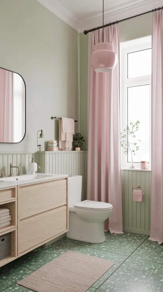 Scandinavian bathroom with pale sage walls, green terrazzo floor tiles, light oak vanity, and soft pink linen curtains.