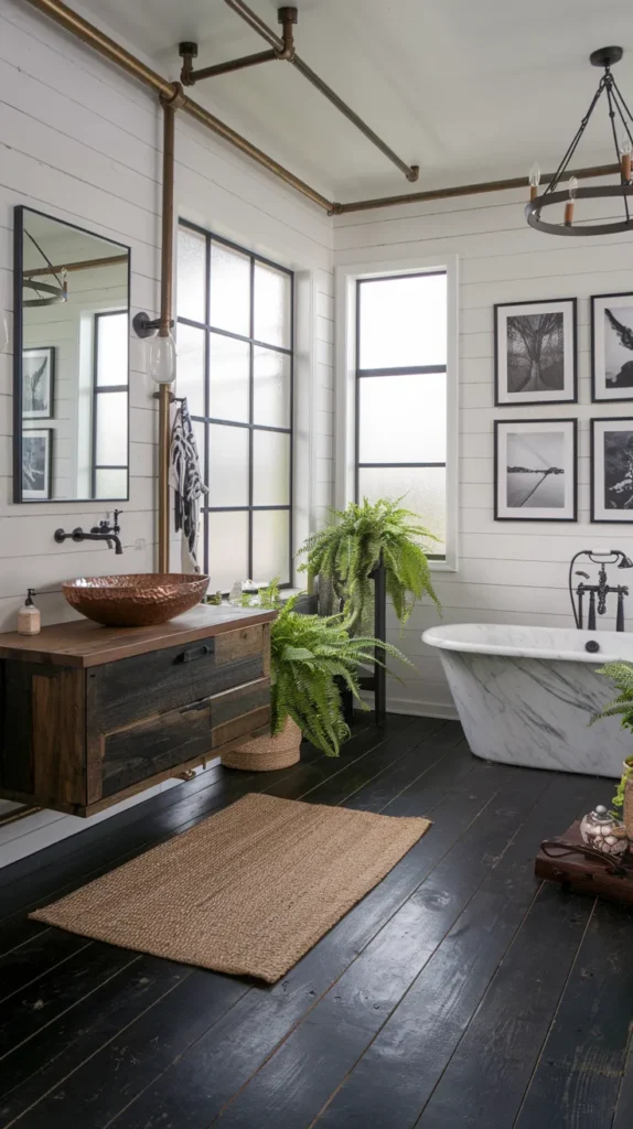 A moody, art-deco-inspired bathroom with geometric black mosaic floors, shimmering gold grout lines, and walls draped in jewel-toned velvet curtains. Crystal sconces cast prismatic light across the tiles, blending opulence with avant-garde flair.