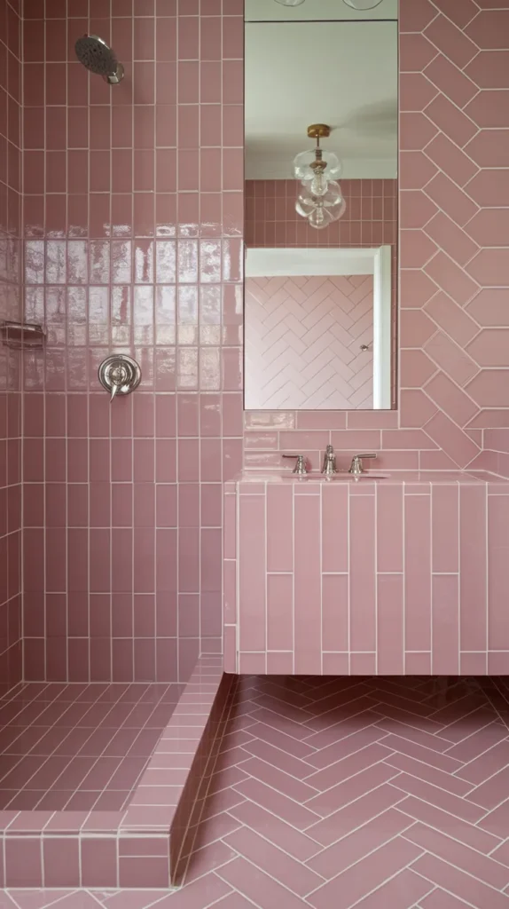 Pink tiles arranged diagonally on the floor, visually expanding the small bathroom space.