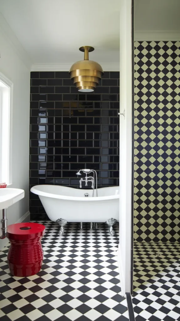 Bathroom featuring checkered tiles, open shelving with apothecary jars, and a potted snake plant.