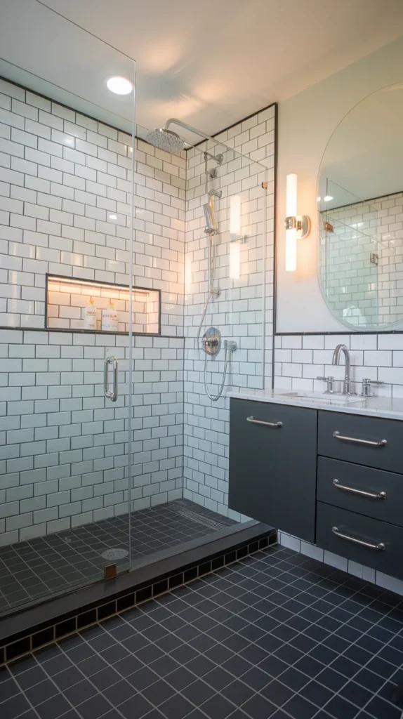 Glossy checkered tiles reflecting a statement pendant light and chrome waterfall faucet