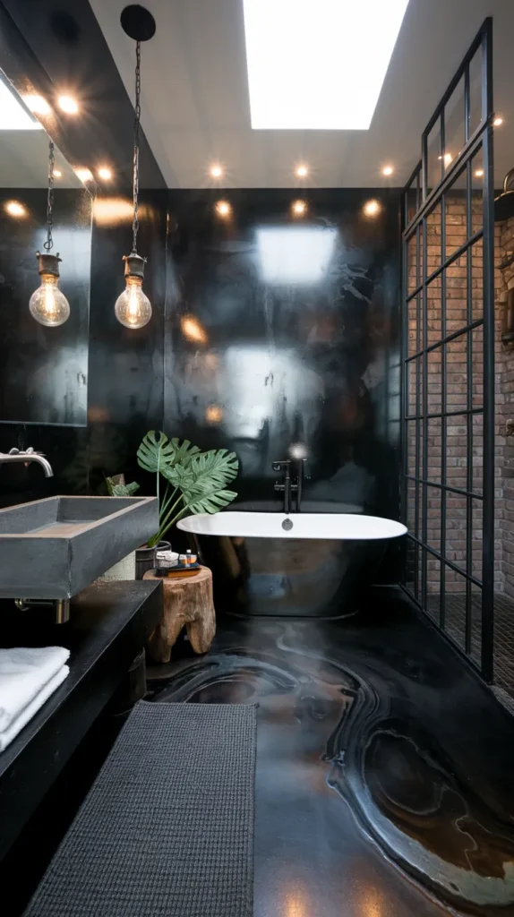 Eco-friendly bathroom with reclaimed ebony-stained wood floors, white shiplap walls, and copper fixtures.