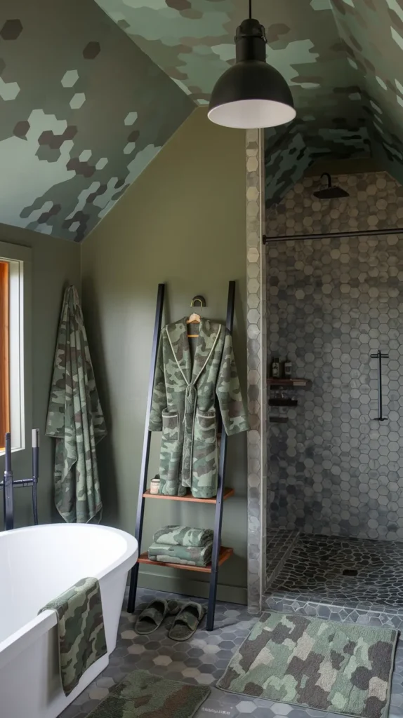 Eclectic bathroom with mixed-scale camo patterns, vintage botanical prints, and rattan pendant light.