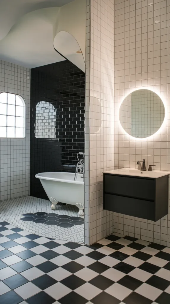 Bathroom featuring checkered tiles, open shelving with apothecary jars, and a potted snake plant.