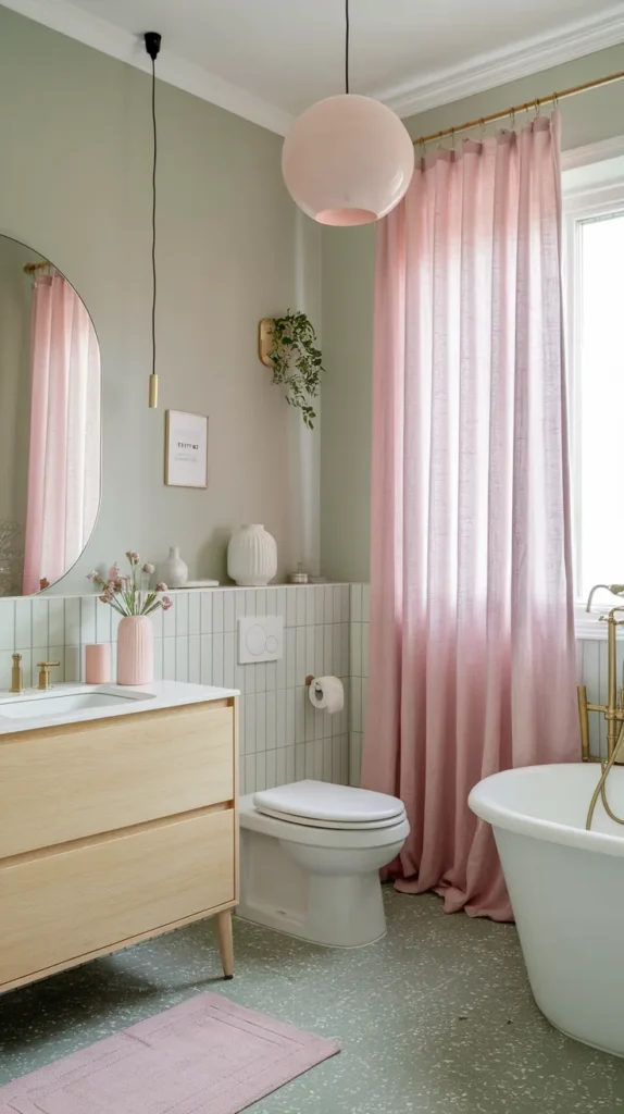 Scandinavian bathroom with pale sage walls, green terrazzo floor tiles, light oak vanity, and soft pink linen curtains.