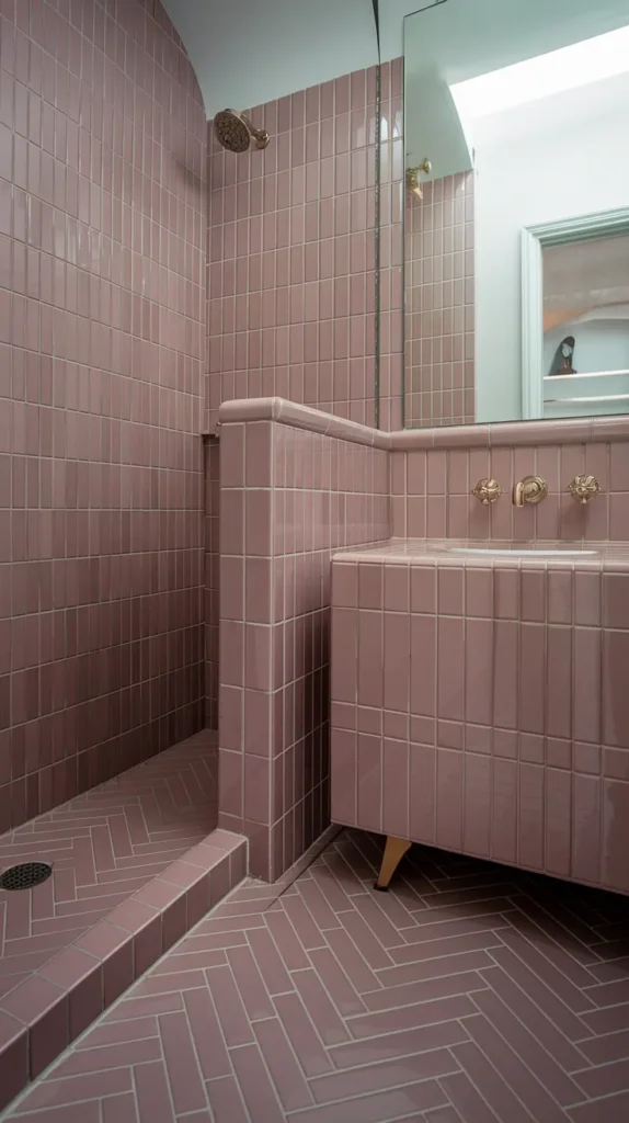 Pink tiles arranged diagonally on the floor, visually expanding the small bathroom space.