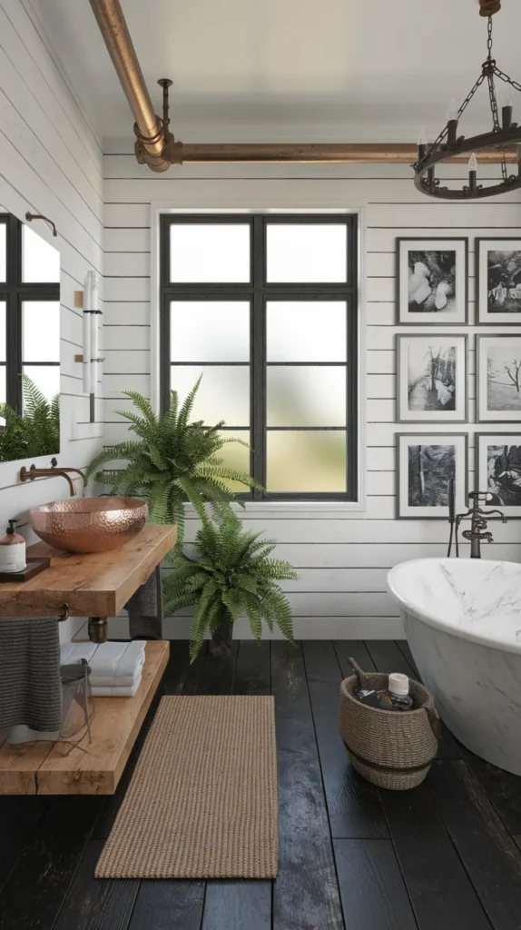 A moody, art-deco-inspired bathroom with geometric black mosaic floors, shimmering gold grout lines, and walls draped in jewel-toned velvet curtains. Crystal sconces cast prismatic light across the tiles, blending opulence with avant-garde flair.