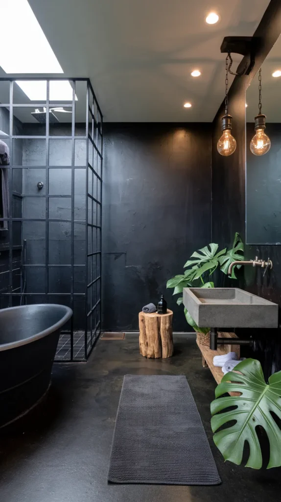 Eco-friendly bathroom with reclaimed ebony-stained wood floors, white shiplap walls, and copper fixtures.