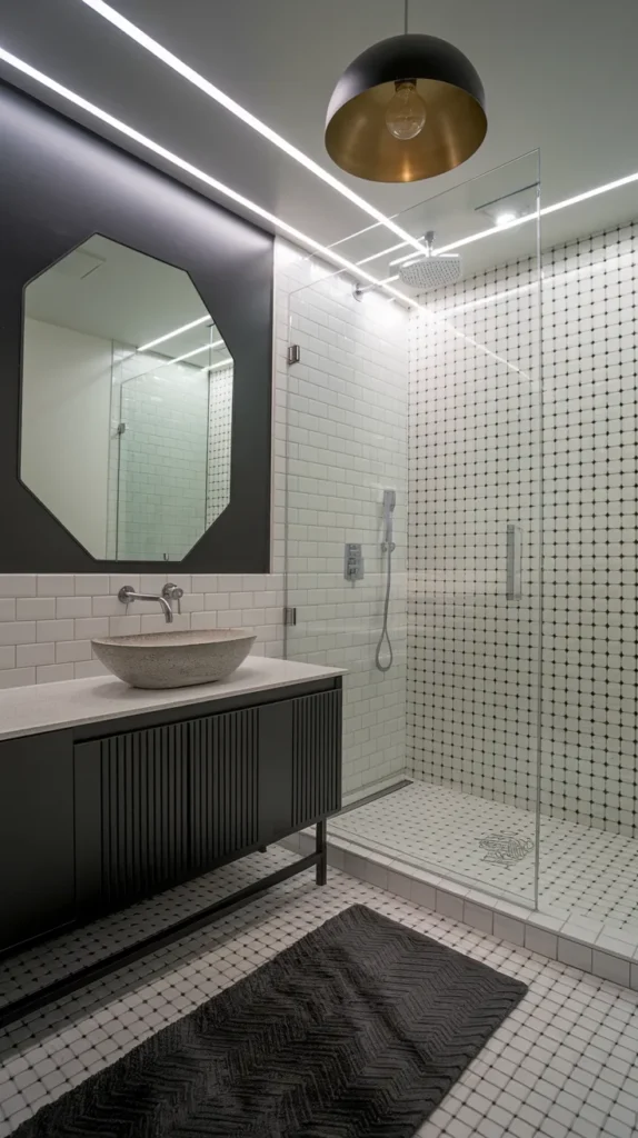 Retro diner-style bathroom with red-accented checkered tiles, neon towel ladder, and chrome pendant lights