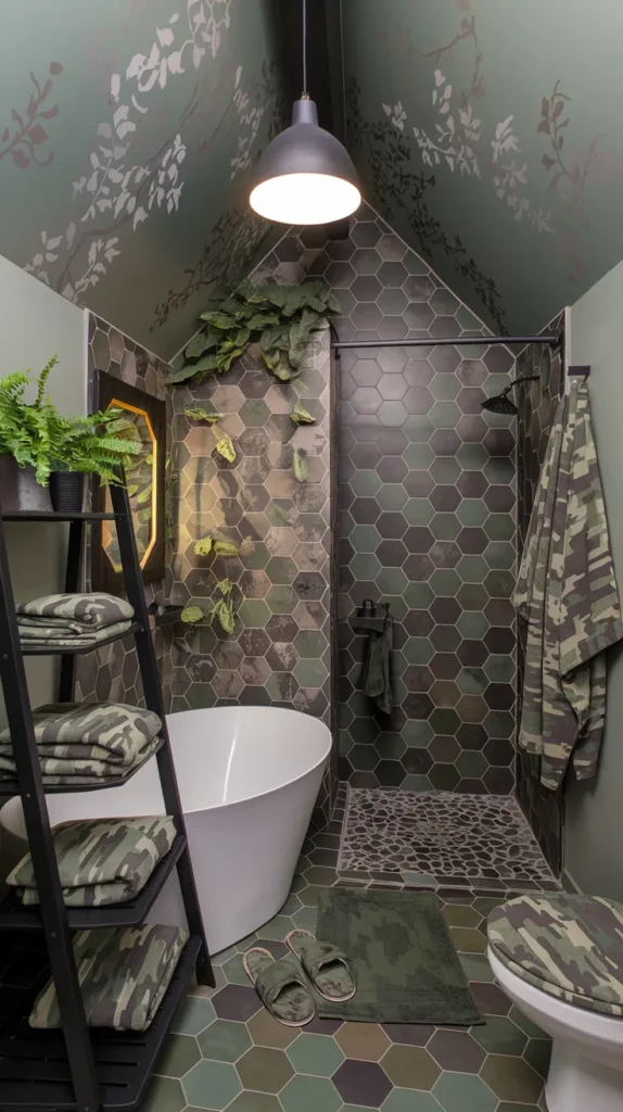 Eclectic bathroom with mixed-scale camo patterns, vintage botanical prints, and rattan pendant light.