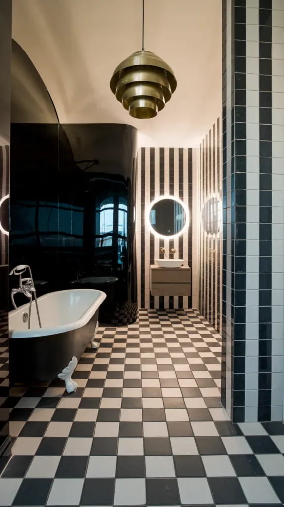 Bathroom featuring checkered tiles, open shelving with apothecary jars, and a potted snake plant.