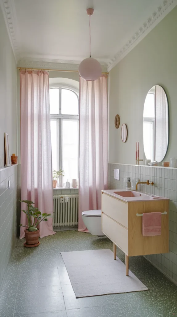 Scandinavian bathroom with pale sage walls, green terrazzo floor tiles, light oak vanity, and soft pink linen curtains.