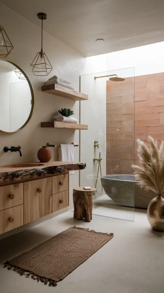 Rustic Serenity: Textured Plaster Vanity Wall, Handmade Pottery, and Sage Linens in an Earthy Bathroom