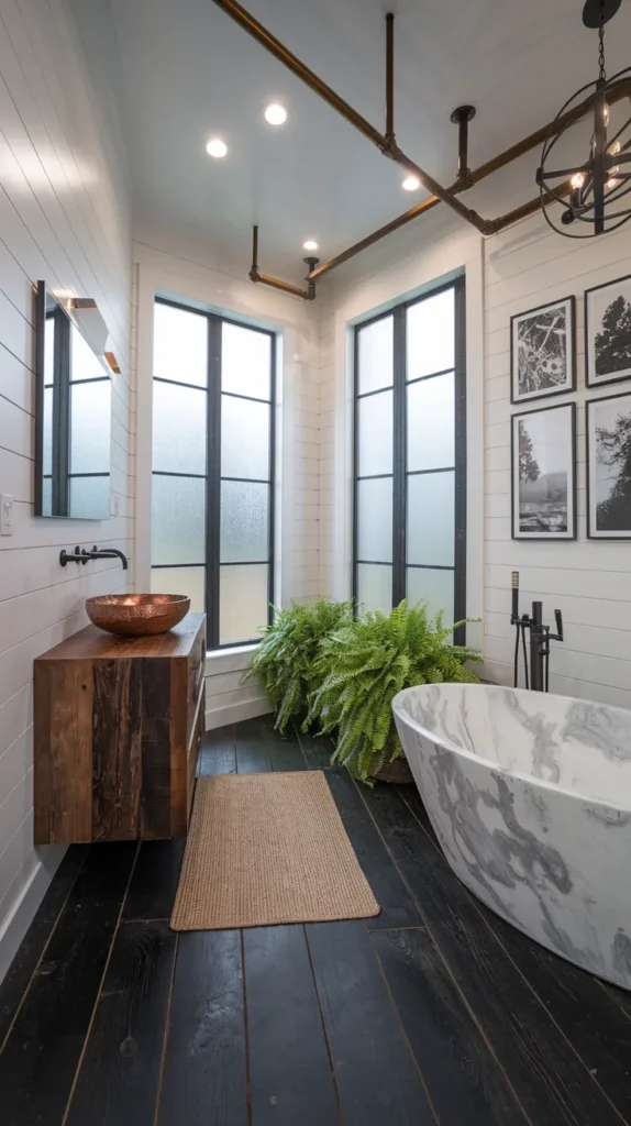 A moody, art-deco-inspired bathroom with geometric black mosaic floors, shimmering gold grout lines, and walls draped in jewel-toned velvet curtains. Crystal sconces cast prismatic light across the tiles, blending opulence with avant-garde flair.