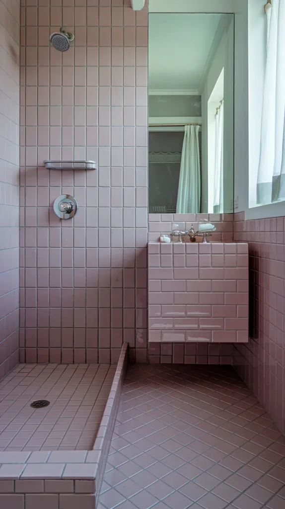 Pink tiles arranged diagonally on the floor, visually expanding the small bathroom space.