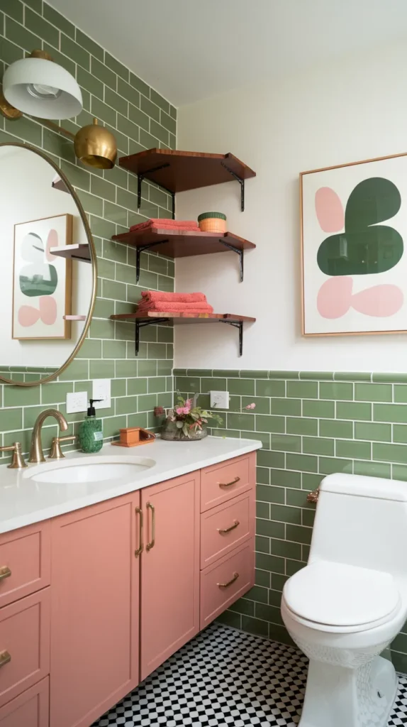 Mid-century bathroom with avocado green subway tiles, dusty rose cabinets, teak wood shelves, and atomic brass sconces