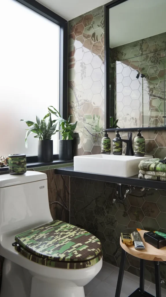 Monochromatic camo bathroom in charcoal and cream tones, accented by live-edge wood countertops.