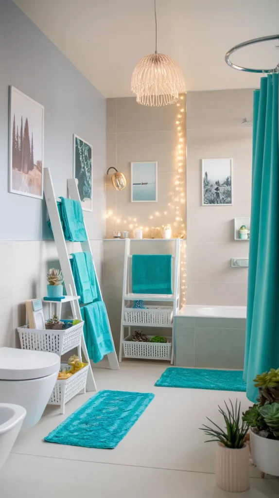 A vibrant and highly detailed feature image showcasing a beautifully organized dorm bathroom, combining all the smart storage and decor solutions