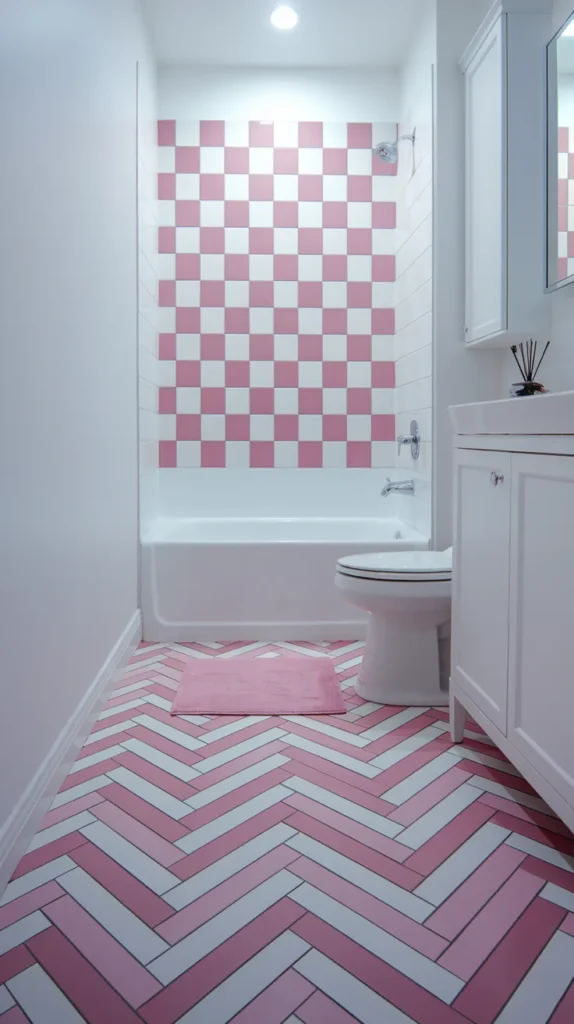 Herringbone pink tiles on the shower wall, seamlessly blending with neutral-toned bathroom decor.