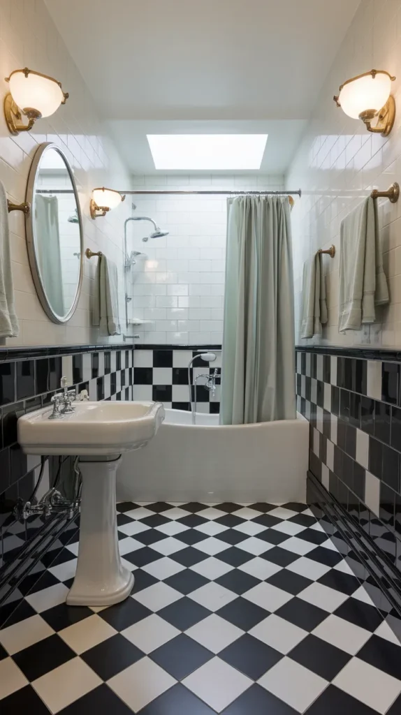 Art Deco bathroom with checkered floor, geometric black-and-white rug, and emerald-green velvet stool.