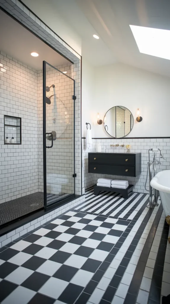 Luxury bathroom with black hexagonal tiles, gold grout lines, and a freestanding gold bathtub under a crystal chandelier.