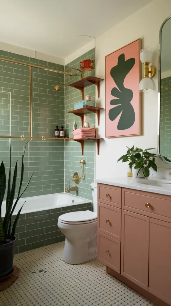 Mid-century bathroom with avocado green subway tiles, dusty rose cabinets, teak wood shelves, and atomic brass sconces