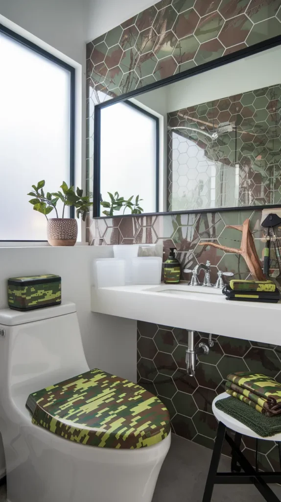 Scandinavian-inspired camo space with white-washed camo walls, birch shelving, and minimalist black fixtures.