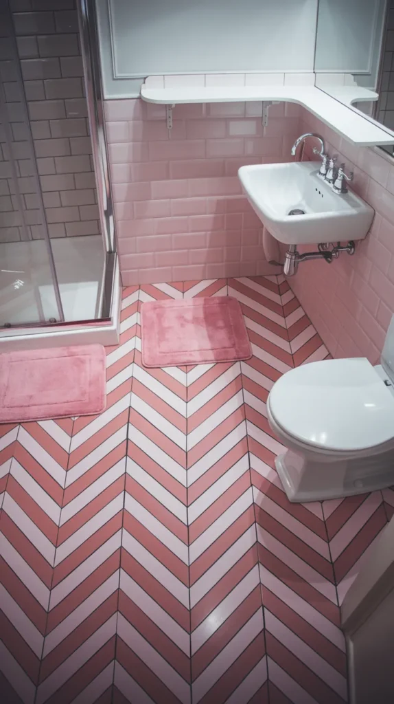 Herringbone pink tiles on the shower wall, seamlessly blending with neutral-toned bathroom decor.