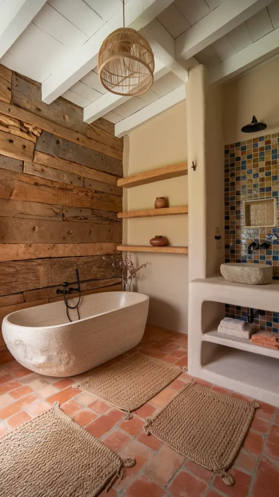 Organic Luxury: Terracotta Floors, Reclaimed Wood Shelves, and a Copper Rain Shower in a Boho Bath Sanctuary