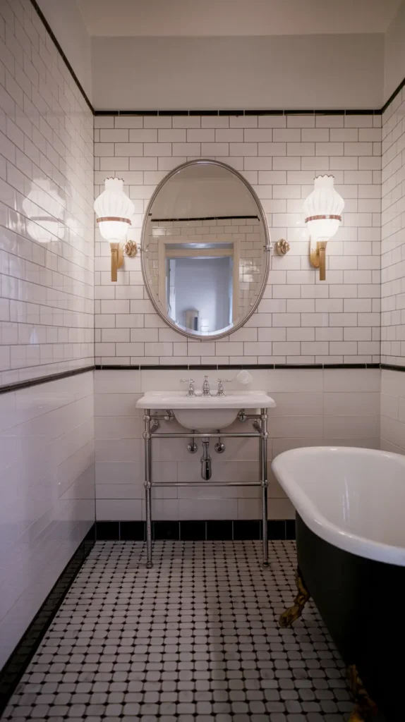 Art Deco bathroom with checkered floor, geometric black-and-white rug, and emerald-green velvet stool.