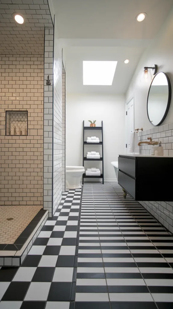 Luxury bathroom with black hexagonal tiles, gold grout lines, and a freestanding gold bathtub under a crystal chandelier.