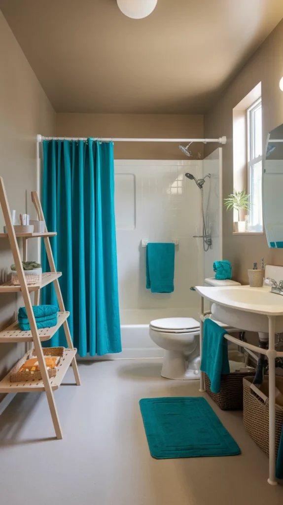 A vibrant and highly detailed feature image showcasing a beautifully organized dorm bathroom, combining all the smart storage and decor solutions