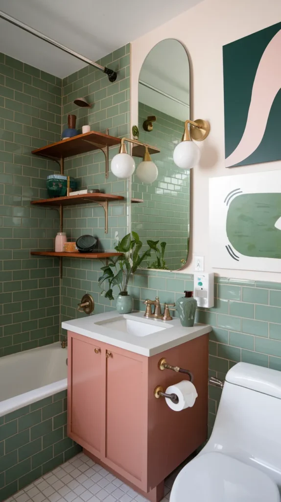 Mid-century bathroom with avocado green subway tiles, dusty rose cabinets, teak wood shelves, and atomic brass sconces