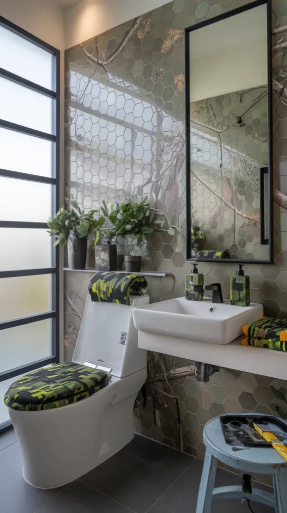 Scandinavian-inspired camo space with white-washed camo walls, birch shelving, and minimalist black fixtures.