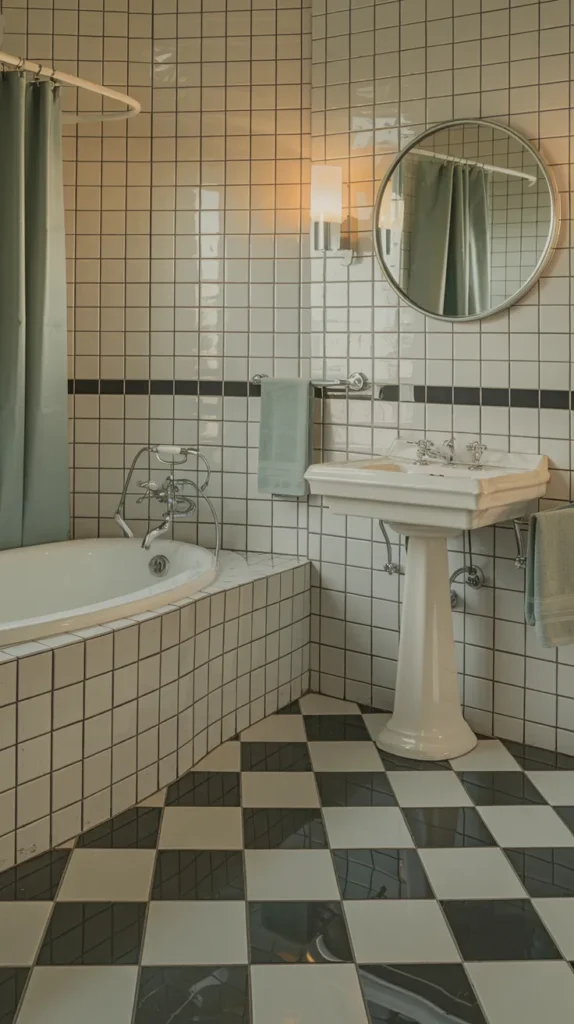 Art Deco bathroom with checkered floor, geometric black-and-white rug, and emerald-green velvet stool.