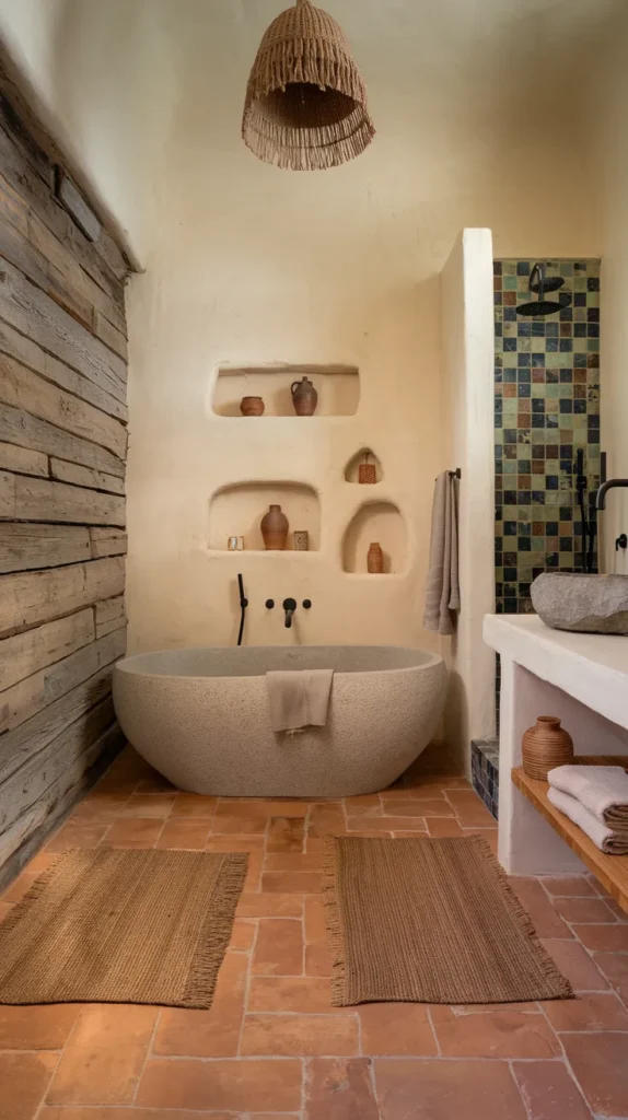 Organic Luxury: Terracotta Floors, Reclaimed Wood Shelves, and a Copper Rain Shower in a Boho Bath Sanctuary