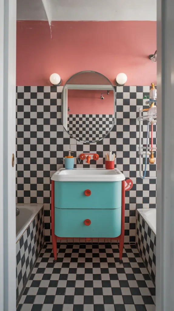 Retro bathroom with checkered tiles, pastel-yellow pendant light, and scalloped-edge mirror."