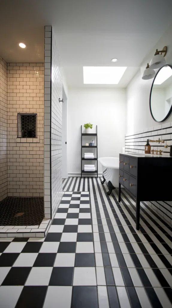 Luxury bathroom with black hexagonal tiles, gold grout lines, and a freestanding gold bathtub under a crystal chandelier.