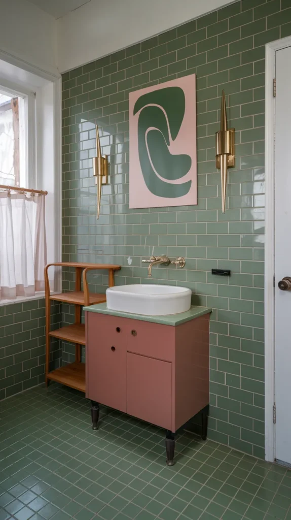 Mid-century bathroom with avocado green subway tiles, dusty rose cabinets, teak wood shelves, and atomic brass sconces