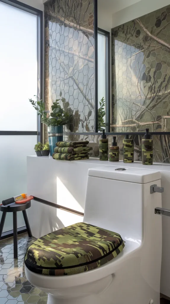 Scandinavian-inspired camo space with white-washed camo walls, birch shelving, and minimalist black fixtures.