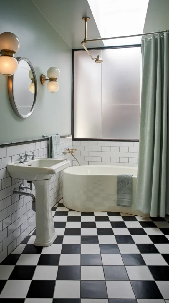 Art Deco bathroom with checkered floor, geometric black-and-white rug, and emerald-green velvet stool.