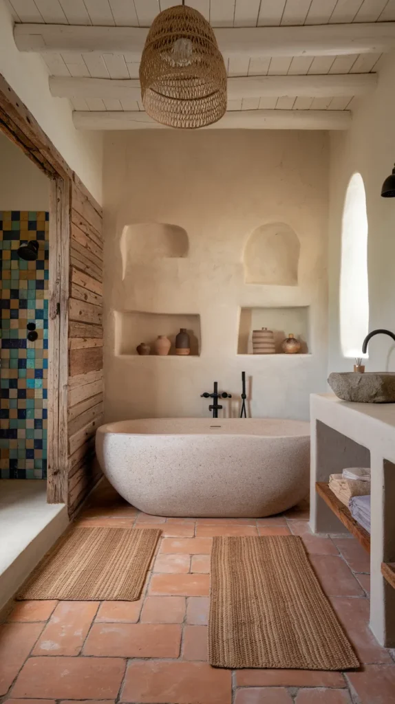 Organic Luxury: Terracotta Floors, Reclaimed Wood Shelves, and a Copper Rain Shower in a Boho Bath Sanctuary