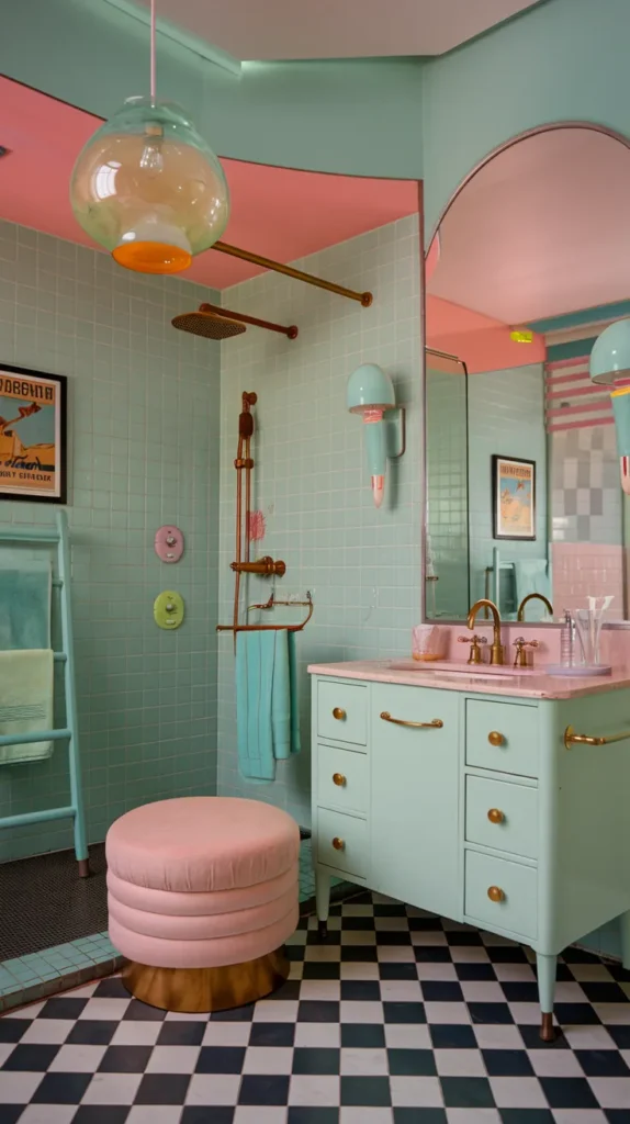 Split-design bathroom: matte checkered zone with oak vanity and glossy zone with acrylic fixtures."