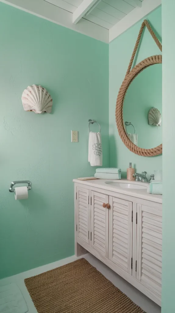 Coastal bathroom with seafoam green walls, coral pink towels, whitewashed wood vanity, and nautical rope-framed mirror.”