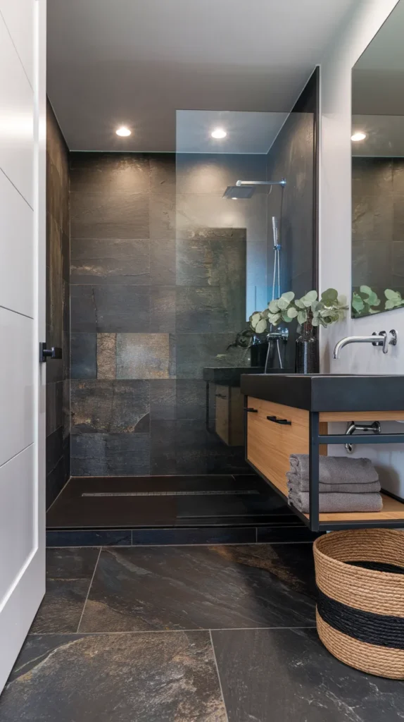 Budget-friendly bathroom with geometric-patterned black vinyl sheet walls and matte black fixtures.