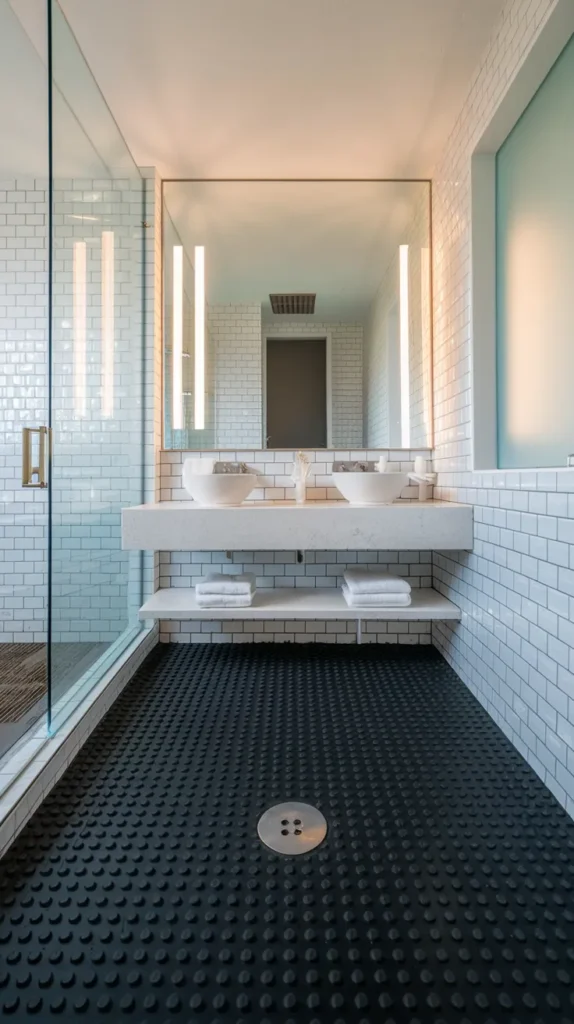 Serene bathroom with matte black floors, freestanding tub, and soft natural light from frosted windows.