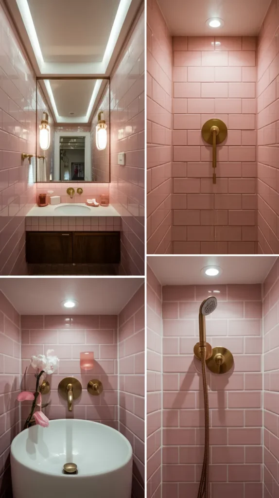 oft pink subway tiles installed vertically to create the illusion of height in a compact space.