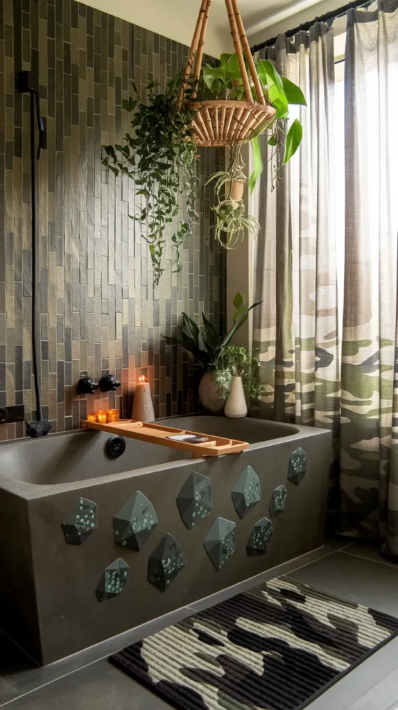 Minimalist camo bathroom with sage-green camo soap dispensers, floating vanity, and sheer linen drapes