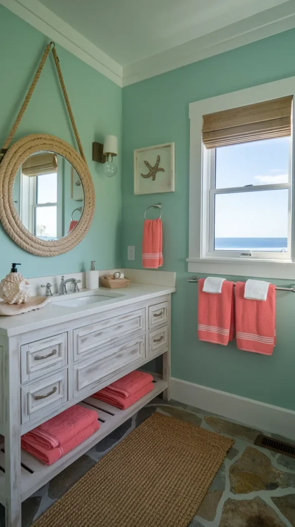 Coastal bathroom with seafoam green walls, coral pink towels, whitewashed wood vanity, and nautical rope-framed mirror.”