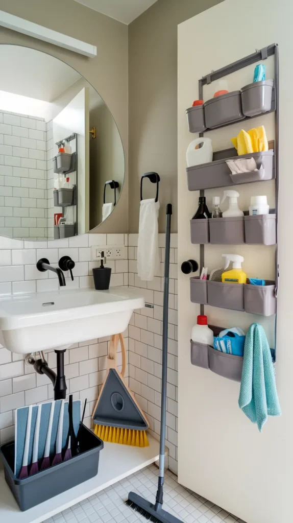 A vibrant and highly detailed feature image showcasing a beautifully organized dorm bathroom, combining all the smart storage and decor solutions